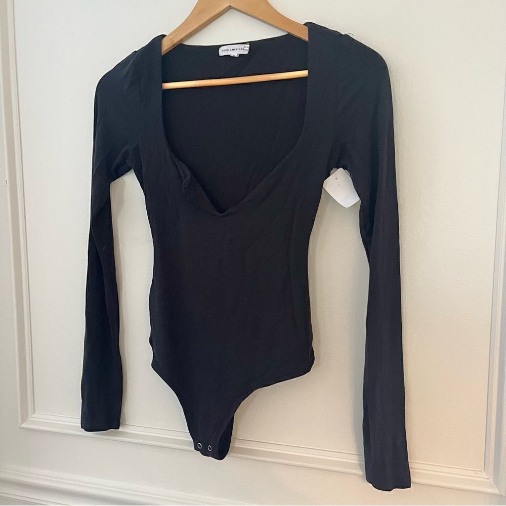 Good American Long Sleeve Rayon Elastane Black Bodysuit With Snap‎ Close XS NWT